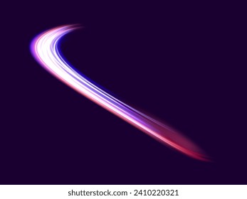 High speed effect motion blur night lights blue and red. Futuristic neon light line trails. bright sparkling background. Purple glowing wave swirl, impulse cable lines. Long time exposure. Vector
