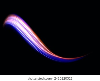 High speed effect motion blur night lights blue and red. Futuristic neon light line trails. bright sparkling background. Purple glowing wave swirl, impulse cable lines. Long time exposure. Vector