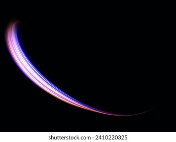 High speed effect motion blur night lights blue and red. Futuristic neon light line trails. bright sparkling background. Purple glowing wave swirl, impulse cable lines. Long time exposure. Vector