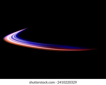 High speed effect motion blur night lights blue and red. Futuristic neon light line trails. bright sparkling background. Purple glowing wave swirl, impulse cable lines. Long time exposure. Vector