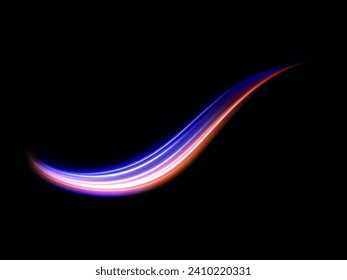 High speed effect motion blur night lights blue and red. Futuristic neon light line trails. bright sparkling background. Purple glowing wave swirl, impulse cable lines. Long time exposure. Vector