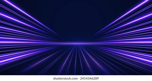 High speed effect motion blur night lights blue red. Neon laser color wave swirl. Purple glowing wave swirl, impulse cable lines. Realistic pink line with reflections. 3d speedy neon background design