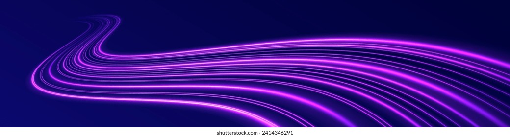 High speed effect motion blur night lights blue red. Neon laser color wave swirl. Purple glowing wave swirl, impulse cable lines. Realistic pink line with reflections. 3d speedy neon background design