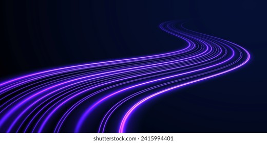 High speed effect motion blur night lights blue red. Neon laser color wave swirl. Purple glowing wave swirl, impulse cable lines. Realistic pink line with reflections. 3d speedy neon background design