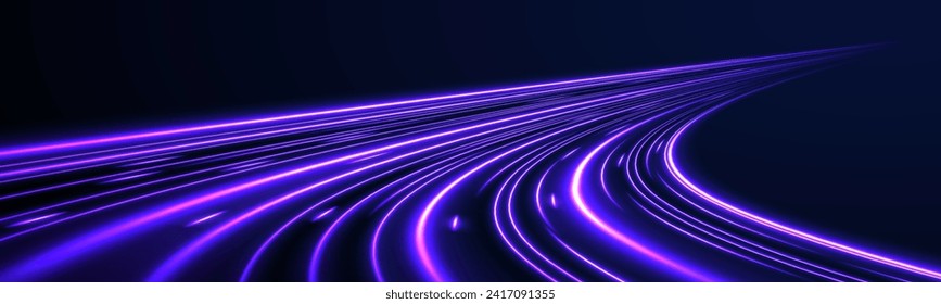 High speed effect motion blur night lights blue red. Neon laser color wave swirl. Purple glowing wave swirl, impulse cable lines. Realistic pink line with reflections. 3d speedy neon background design