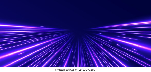 High speed effect motion blur night lights blue red. Neon laser color wave swirl. Purple glowing wave swirl, impulse cable lines. Realistic pink line with reflections. 3d speedy neon background design