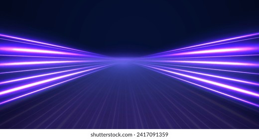 High speed effect motion blur night lights blue red. Neon laser color wave swirl. Purple glowing wave swirl, impulse cable lines. Realistic pink line with reflections. 3d speedy neon background design