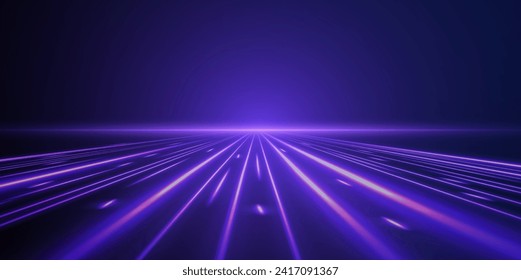 High speed effect motion blur night lights blue red. Neon laser color wave swirl. Purple glowing wave swirl, impulse cable lines. Realistic pink line with reflections. 3d speedy neon background design