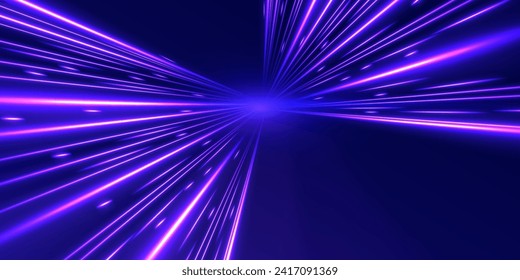 High speed effect motion blur night lights blue red. Neon laser color wave swirl. Purple glowing wave swirl, impulse cable lines. Realistic pink line with reflections. 3d speedy neon background design