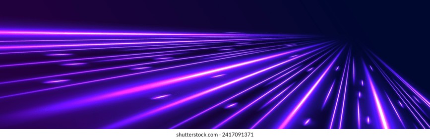 High speed effect motion blur night lights blue red. Neon laser color wave swirl. Purple glowing wave swirl, impulse cable lines. Realistic pink line with reflections. 3d speedy neon background design