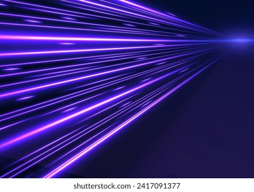 High speed effect motion blur night lights blue red. Neon laser color wave swirl. Purple glowing wave swirl, impulse cable lines. Realistic pink line with reflections. 3d speedy neon background design