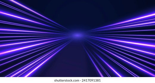 High speed effect motion blur night lights blue red. Neon laser color wave swirl. Purple glowing wave swirl, impulse cable lines. Realistic pink line with reflections. 3d speedy neon background design