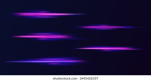 Efecto de alta velocidad desenfoque de movimiento luces nocturnas azul y rojo. Senderos de línea de luz de neón futurista. fondo brillante brillante. Onda púrpura brillante remolino, líneas de cable de impulso. Exposición de largo tiempo. Vector