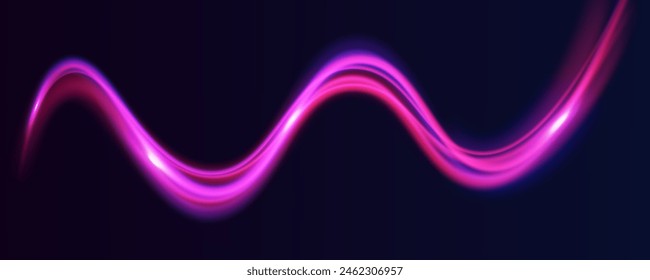 High speed effect motion blur night lights blue and red. Futuristic neon light line trails. bright sparkling background. Purple glowing wave swirl, impulse cable lines. Long time exposure. Vector