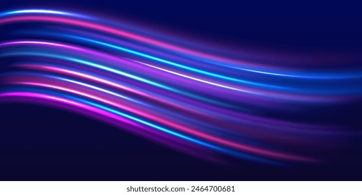 Efecto de alta velocidad desenfoque de movimiento luces nocturnas azul y rojo. Senderos de línea de luz de neón brillantes mágicos. Fondo brillante luminoso. Magia de las líneas rápidas en movimiento. Rayos láser, rayos de luz Horizontal.