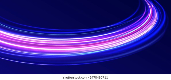 Efecto de alta velocidad desenfoque de movimiento luces nocturnas azul y rojo. Movimiento de velocidad de aceleración en carretera nocturna. Rayos láser luminosos abstractos brillantes. Onda púrpura brillante remolino, líneas de cable de impulso.	