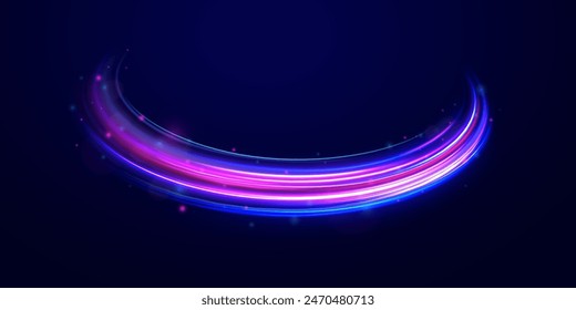 Efecto de alta velocidad desenfoque de movimiento luces nocturnas azul y rojo. Movimiento de velocidad de aceleración en carretera nocturna. Rayos láser luminosos abstractos brillantes. Onda púrpura brillante remolino, líneas de cable de impulso.	