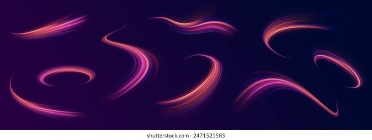 High speed effect motion blur night lights blue and red. Futuristic neon light line trails. Lines in the shape of a comet against a dark background.	