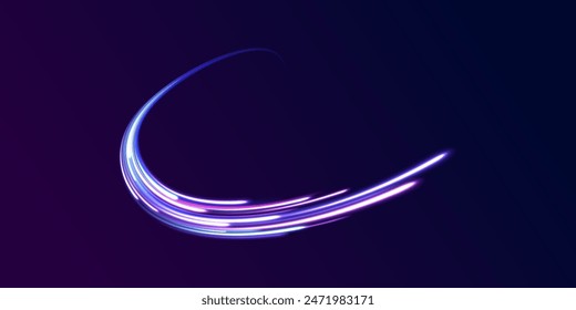 High speed effect motion blur night lights blue and red. Futuristic neon light line trails. bright sparkling background. Purple glowing wave swirl, impulse cable lines. Long time exposure