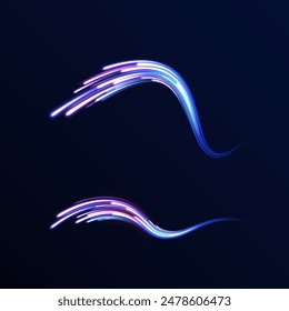 High speed effect motion blur night lights blue and red. Futuristic neon light line trails. bright sparkling background. Purple glowing wave swirl, impulse cable lines. Long time exposure