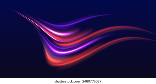 High speed effect motion blur night lights blue and red. Radial motion blur background. Purple glowing wave swirl, impulse cable lines. Long time exposure.