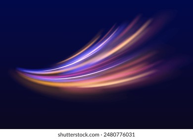 Efecto de alta velocidad desenfoque de movimiento luces nocturnas azul y rojo. Fondo de desenfoque de movimiento radial. Onda púrpura brillante remolino, líneas de cable de impulso. Exposición de largo tiempo.