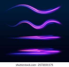 High speed effect motion blur night lights in blue and red colors, abstract flash perspective road glow streaks long time exposure vector set on transparent background.	