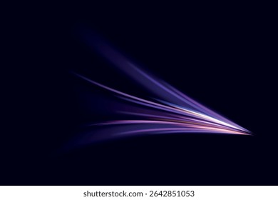 High speed effect motion blur night lights blue and red. Futuristic neon light line trails. bright sparkling background. Purple glowing wave swirl, impulse cable lines. Long time exposure. Vector 
