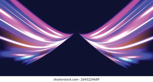 High speed effect motion blur night lights blue and red. Magic shining neon light line trails. Vector speed of light in space on dark background.