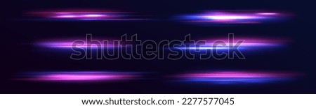 High speed effect motion blur night lights blue and red. Futuristic neon light line trails. bright sparkling background. Purple glowing wave swirl, impulse cable lines. Long time exposure. Vector