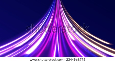 High speed effect motion blur night lights blue and red. Radial motion blur background. Purple glowing wave swirl, impulse cable lines. Long time exposure. Vector illustration.