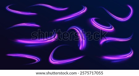 High speed effect motion blur night lights in blue and red colors, abstract flash perspective road glow streaks long time exposure vector set on transparent background.	