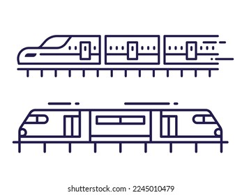 High speed electric railway train icons in line art. Modern city fast railroad subway wagons.