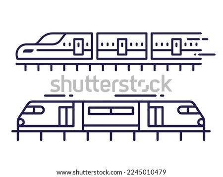 High speed electric railway train icons in line art. Modern city fast railroad subway wagons.