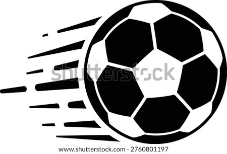 High Speed Flying Soccer Ball Silhouette with Motion Trails on White Background