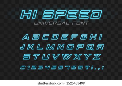 High speed glowing font. Fast sport, futuristic, technology, future alphabet. Neon letters and numbers for industrial, electric car, street racing game logo design. Modern minimalistic vector typeface