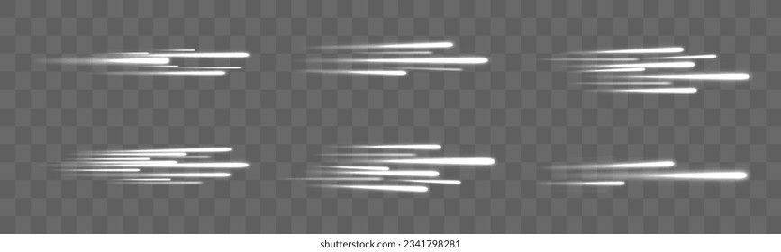 High speed. Glowing white motion speed lines and blur. PNG. Swirling filament curve. Light glowing effect. Light trail wave, fire path trace line. Silver fading neon light elements, vector.