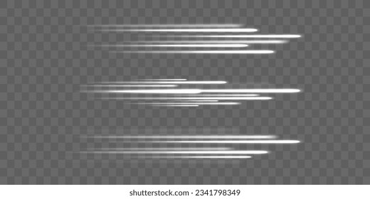 High speed. Glowing white motion speed lines and blur. PNG. Light glowing effect. Light trail wave, fire path trace line. Swirling filament curve. Silver fading neon light elements, vector.