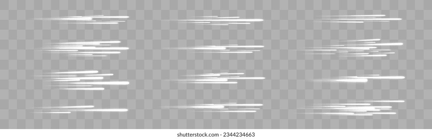 High speed. Glowing white motion speed lines and blur. PNG. Light glowing effect. Light trail wave, fire path trace line. Swirling filament curve. Silver fading neon light elements, vector.