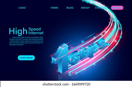 High Speed Internet Concept. 1 Gbps In Global Broadband Networks Speed. Isometric Flat Design Vector Illustration