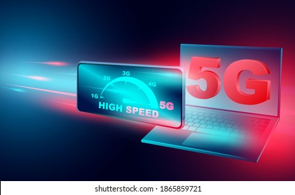 High-Speed-Internetkonzept. 5G-Netz auf Smartphone- und Computer-Breitbandnetzen Geschwindigkeit. isometrisches Flachdesign, Vektorgrafik
