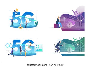 High speed internet connection set. People car driving VR simulator. Flat vector illustrations. Innovation, modern technology concept for banner, website design or landing web page