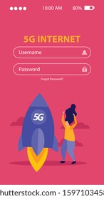 High speed internet mobile app design with username and password inputs and rocket sign flat vector illustration 