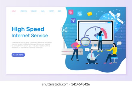 High speed internet service vector, monitor with information and person with magnifying glass analyzing. Woman and man with laptop working. Website or webpage template, landing page flat style