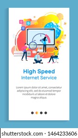 High speed internet service vector, people using proposals, provider and network, progress and development of screens, man with tool glass. Website or app slider template, landing page flat style