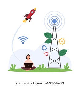 High speed internet signal boost, wireless network connection. Tiny woman working with laptop to download data in wifi hotspot, rocket flying at telecommunication antenna cartoon vector illustration