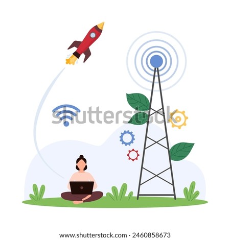 High speed internet signal boost, wireless network connection. Tiny woman working with laptop to download data in wifi hotspot, rocket flying at telecommunication antenna cartoon vector illustration