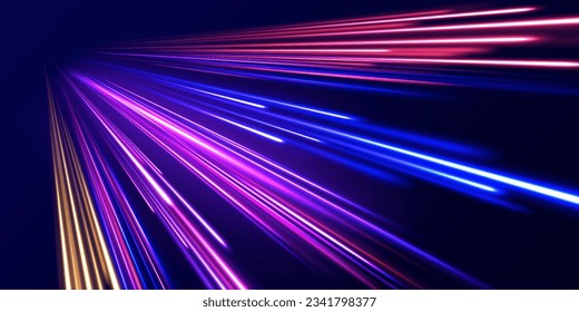 High speed of light concept background. Radial motion blur background. Futuristic neon light effect. Abstract colorful light trails with motion blur effect, speed background. Vector illustration.