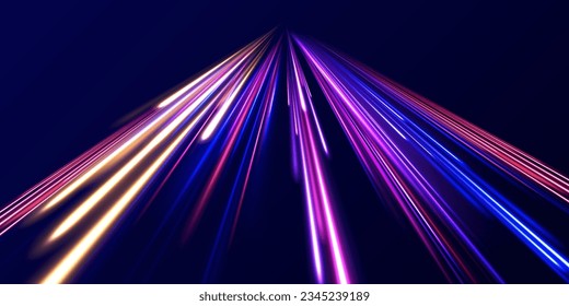 High speed of light concept background. Radial motion blur background. Futuristic neon light effect. Abstract colorful light trails with motion blur effect, speed background. Vector illustration.