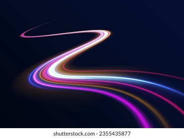 High speed light effect, digital hyperspace or speed of light. 3d speedy neon background design with ultra violet and blue laser light. Colorful light trails with motion effect. Vector illustration.
